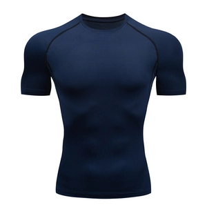Navy blue compression short sleeve fitness shirt for men with high elasticity and raglan sleeves