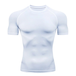 White short sleeve compression fitness t-shirt for men with high elastic dry fit fabric