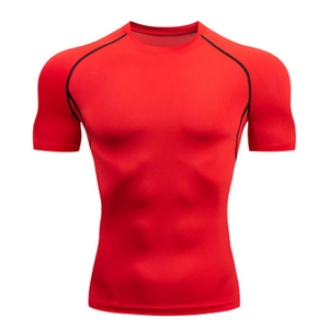 Close-up of red compression t-shirt for men with black contrast stitching detail
