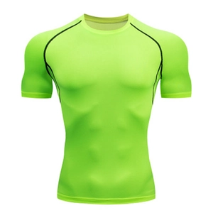Detail of neon green men's compression shirt with raglan stitching and muscular fit
