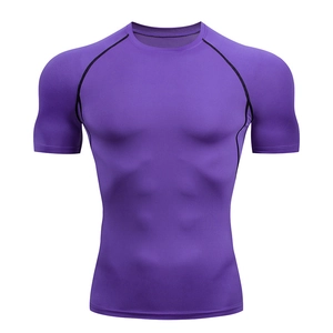 Detail of purple compression shirt with black flatlock stitching for muscle support