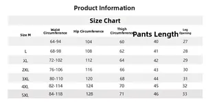 Tableau des tailles détaillé pour shorts décontractés hommes de la taille M à 5XL en CM