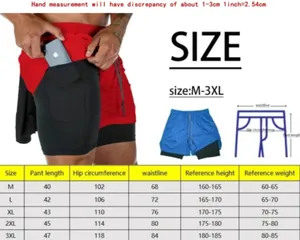 Men's quick-dry swimming shorts size chart with length, waist and weight measurements