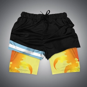 Detail of double-layer sports shorts featuring black mesh and orange flame compression liner
