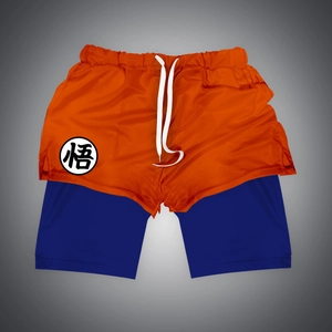Detail view of double-layer orange mesh sports shorts with blue lining and Kanji print