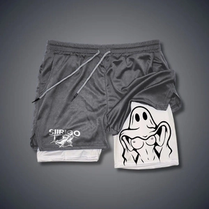 Detail of double-layer men's running shorts with breathable mesh and unique inner graphic