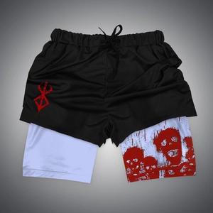 Detail view of double-layer mesh athletic shorts with 3D printed dark anime skull patterns