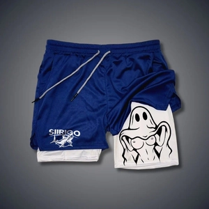 Men's double-layer quick-dry running shorts in blue and white with drawstring waist