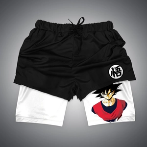 Detail of 2-in-1 sports shorts showing mesh fabric with Goku and Satoru character print