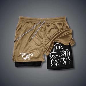 Men's double-layer quick-dry shorts in gold-brown with 2-in-1 inner compression layer