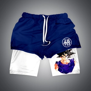 Detail of 2-in-1 shorts showing mesh fabric with Son Goku print and inner white lining