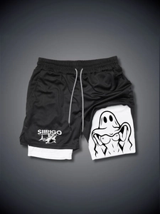 Detail view of double-layer men's gym shorts with white inner lining and ghost print