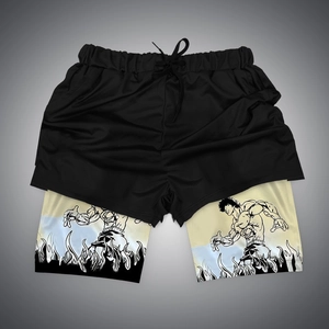 Detail of double-layer men's gym shorts with mesh outer and anime print inner layer