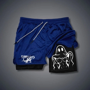 Detail view of double-layer sports shorts with white ghost print on black inner lining