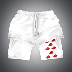 Detail of white 2-in-1 sports shorts showing breathable mesh and red cloud icon