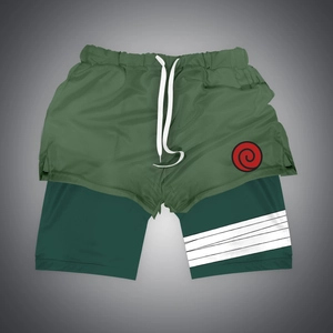 Detail of olive green sports shorts with inner layer and anime swirl emblem