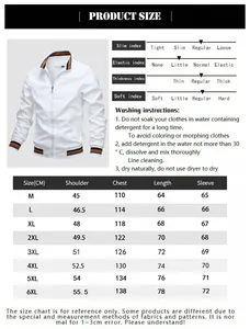 Detailed men's casual jacket size chart M-6XL with measurements and care instructions