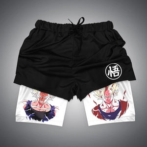 Detail of double-layer mesh shorts featuring 3D printed anime characters and Wukong logo
