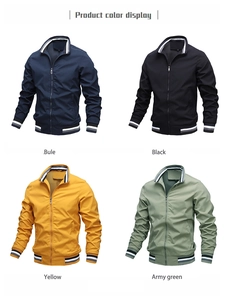 Color options of men's casual jackets in blue, black, yellow, and army green