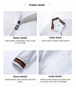 Detail view of white sports jacket with metal zipper, striped collar and hidden inner pocket