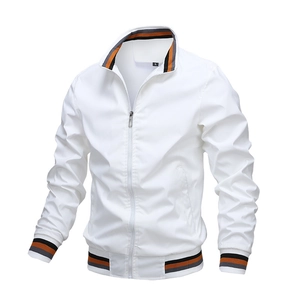 Detail of white bomber jacket with striped knit collar, cuffs and metal zipper closure