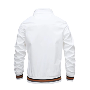 Rear view of white stand-collar jacket with orange and grey striped ribbed cuffs and hem