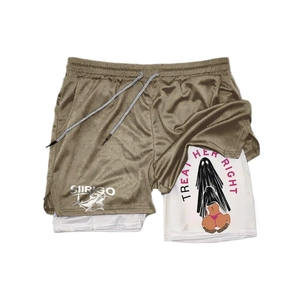 Green mesh 2-in-1 shorts for men with inner lining and creative graphic print