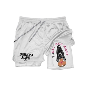 White 3D digital print double-layer sports shorts with shark graphic and drawstring waist