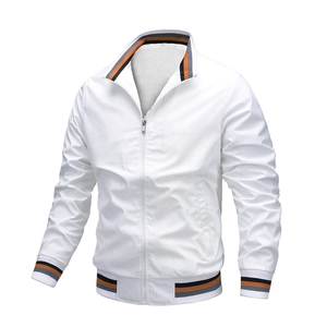 Detail of men's white stand-collar jacket with tricolor striped ribbed cuffs and fleece lining