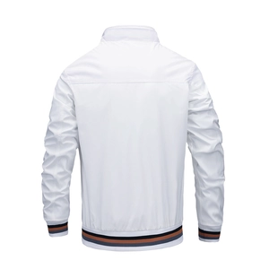 Back view of a white casual men's jacket featuring striped ribbed cuffs and stand-up collar
