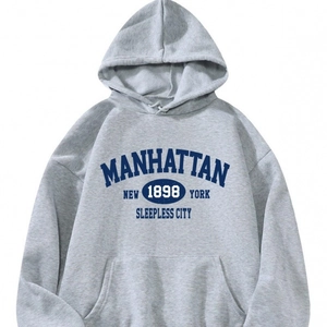 Close-up of Manhattan New York vintage print on light grey hooded sweatshirt