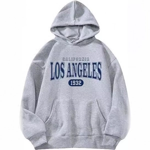 Detailed view of grey hoodie featuring California Los Angeles 1932 collegiate print