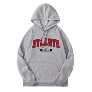 Detail of grey hoodie showing Atlanta Georgia vintage print and front kangaroo pocket