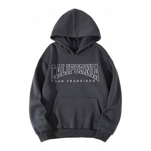 Detail of California print on charcoal hoodie with kangaroo pocket and ribbed cuffs