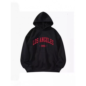Men's black fleece hoodie with red Los Angeles 1991 graphic print and kangaroo pocket