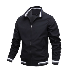 Men's casual black windbreaker jacket with striped ribbed collar and cuffs
