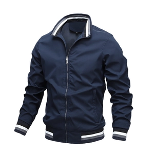 Men's navy blue casual bomber jacket with striped ribbed collar and metal zipper