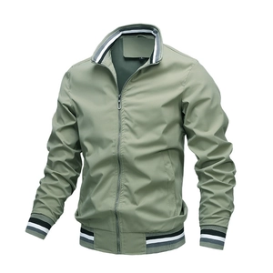 Men's sage green casual jacket with striped ribbed collar and zipper closure