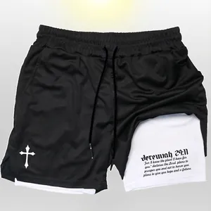 Men Double Layer Sports Shorts Mesh Running Gym Fitness Shorts With Phone Pocket Towel Loop Jeremiah 29 11 Cross Print