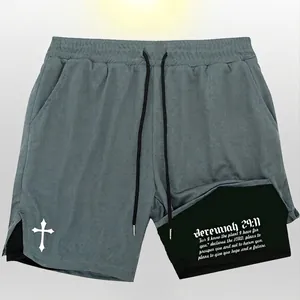Men's grey 2-in-1 sports shorts with compression liner and white cross pattern design