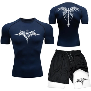 Set compressione MMA uomo con t-shirt blu navy e pantaloncini a doppio strato sportivi