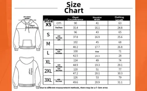 Tableau des tailles détaillé du sweat à capuche Jujutsu Kaisen de la taille XS à 3XL
