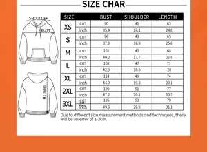 Tableau des tailles détaillé pour sweat à capuche Satoru Gojo du XS au 3XL avec mesures en cm