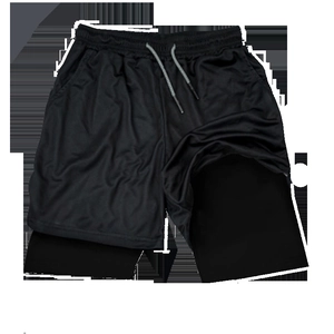 Close-up of black 2-in-1 men's swim trunks with drawstring waist and inner liner