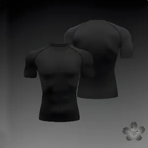 Front and back views of men's compression shirt with black raglan short sleeves