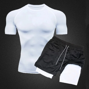 Men's quick-dry sports set with white compression t-shirt and double-layer black shorts