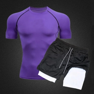 Detail of purple short-sleeve rash guard and 2-in-1 quick-dry swimming shorts
