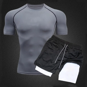 Men's quick-dry swimwear set with grey compression tee and double-layer swim trunks