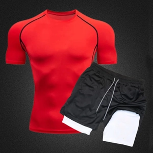 Close-up of quick-dry swim set featuring red compression tee and double-layer shorts