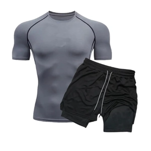 Men's two-piece quick-dry swimwear set with grey compression shirt and black swim shorts